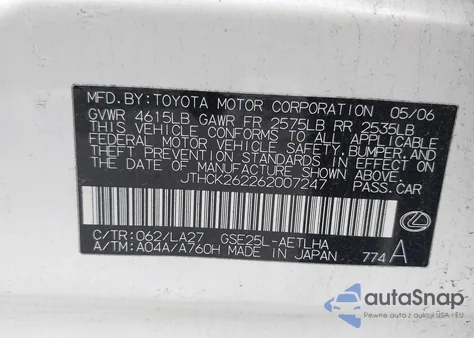 2006 Lexus Is 250 from USA, damaged, VIN JTHCK262262007247